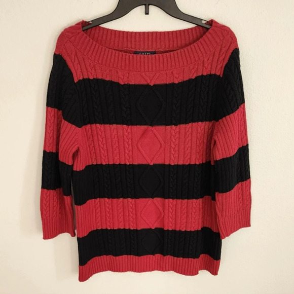 Chaps Sweaters - Chaps Red & Black Women's Cable Sweater Long Sleeves Pullover Stripes Sz 1X